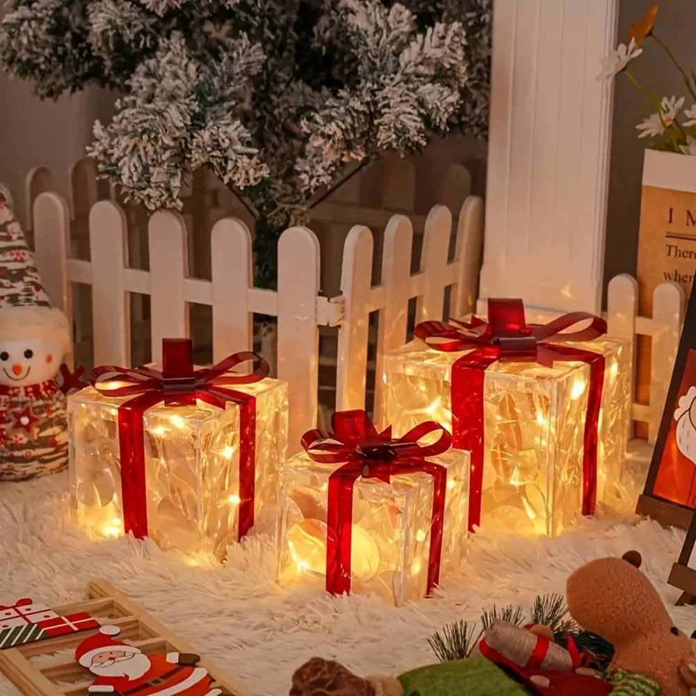 Kit 3 Caixas de Presente Iluminadas LED - Decoração de Natal Trio