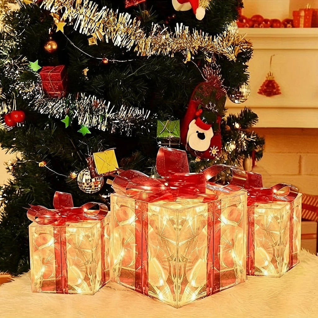 Comparativo de tamanho das três caixas de natal iluminadas