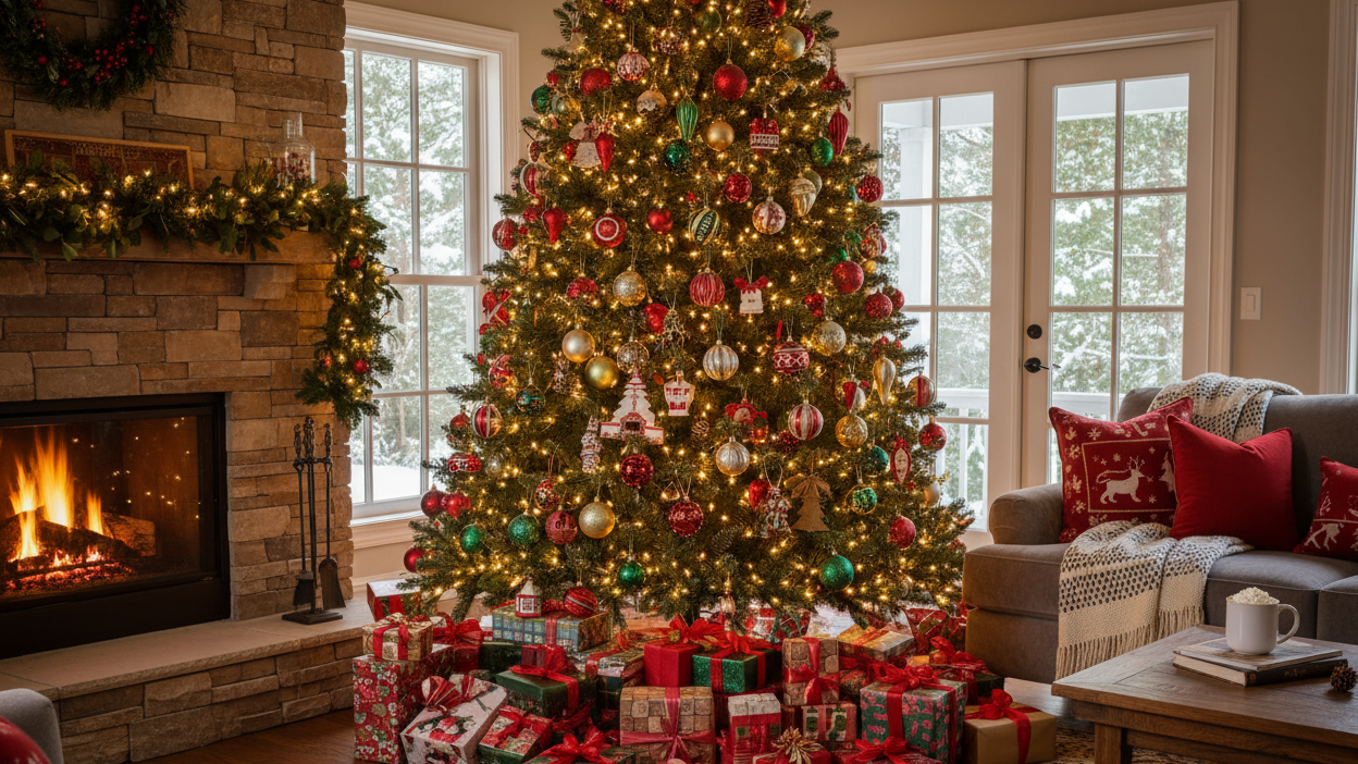 arvore de natal, presentes em sala